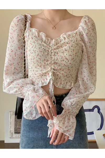 WIKPROM Flared-Cuff Floral Print Cropped Blouse