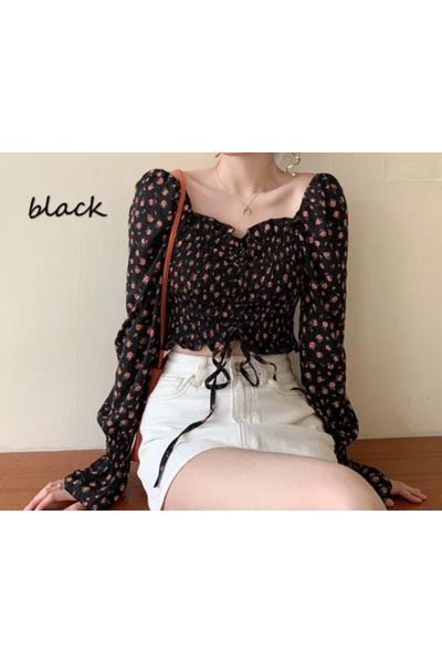 WIKPROM Flared-Cuff Floral Print Cropped Blouse