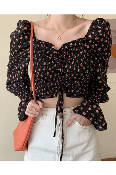 WIKPROM Flared-Cuff Floral Print Cropped Blouse