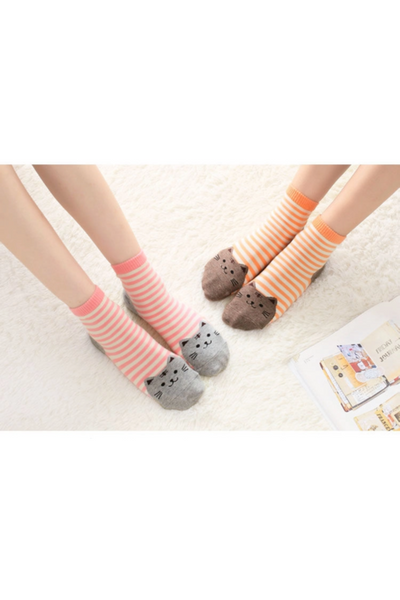 Lazy Corner Cat Print Striped Socks