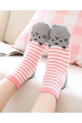 Lazy Corner Cat Print Striped Socks