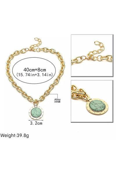 Vintage Green Stone Pendant Necklace Statement Gold Color