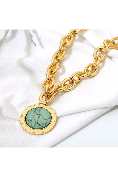 Vintage Green Stone Pendant Necklace Statement Gold Color
