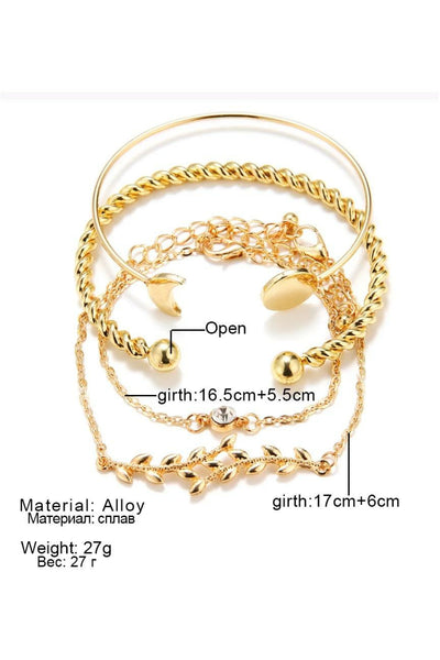4 Pcs/ Set Bohemian Leaves Knot Round Chain Opening Gold Bracelet